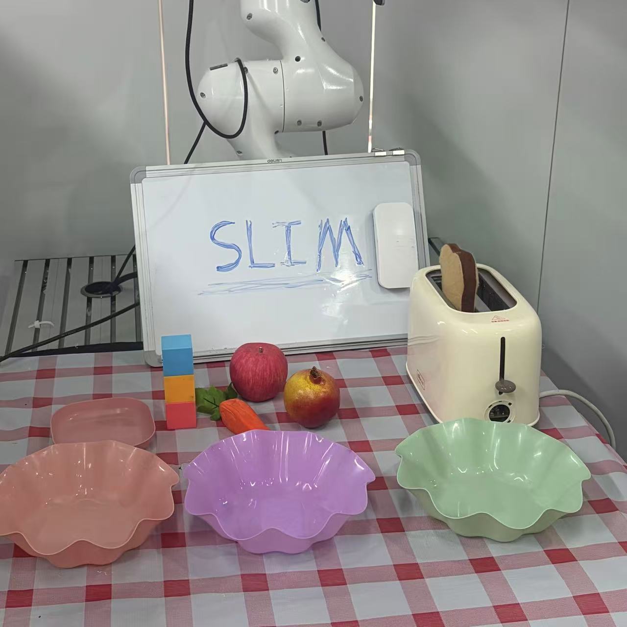SLIM real-world robot manipulation setup